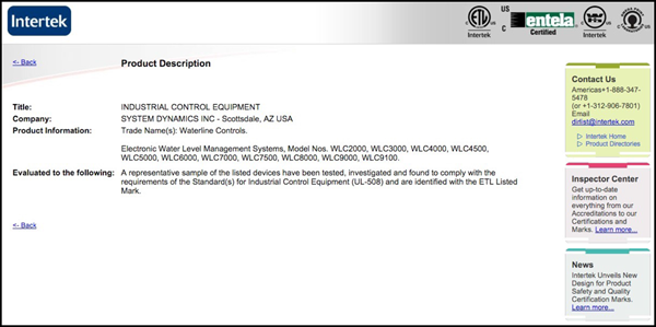 Waterline Controls™ ETL Listing