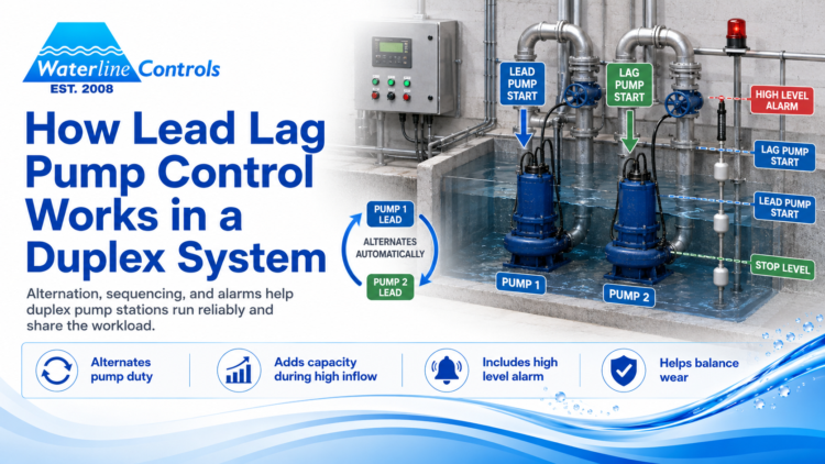 Lead lag duplex pump control with WLC-9100 dual pump controller, alternation and high level alarm