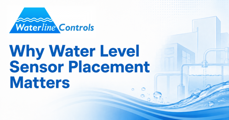Water level sensor placement guide title graphic with Waterline Controls logo and piping illustration