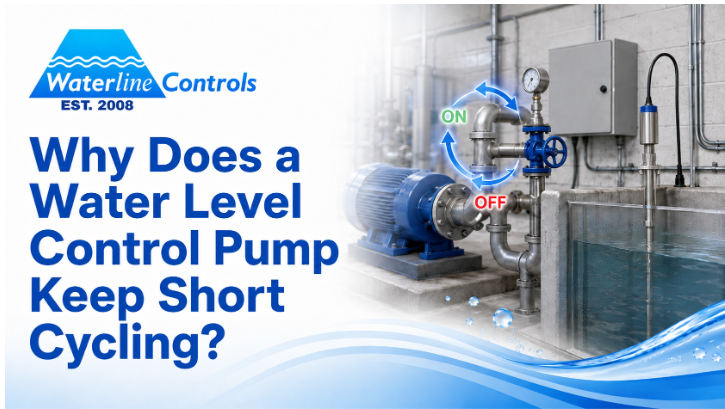 Pump and level sensor at a sump illustrating water level control pump short cycling