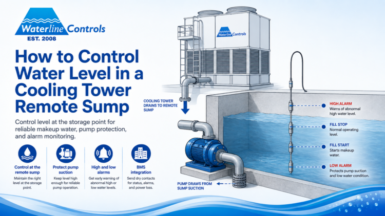 Cooling tower remote sump with level sensor showing high alarm, fill stop, fill start and low alarm points