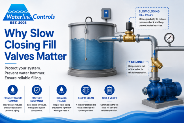 Slow closing fill valve and Y strainer on a tank fill line with a Waterline Controls level controller