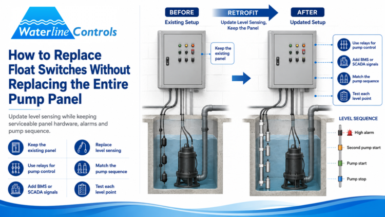 Pump panel retrofit with float switches replaced by electronic level sensing probes while the existing panel is kept